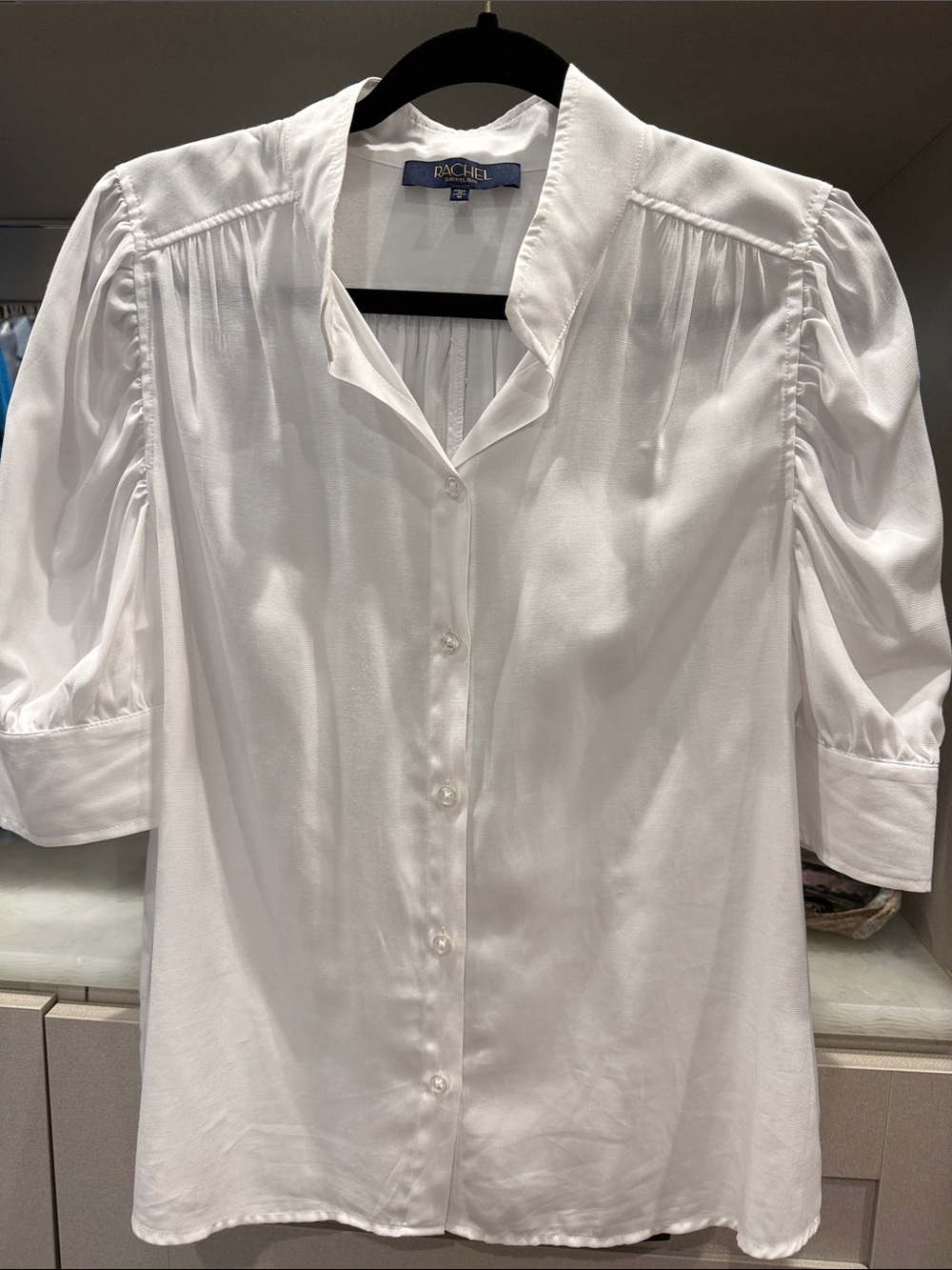 Rachel White Button-Front Puff Sleeve Blouse
